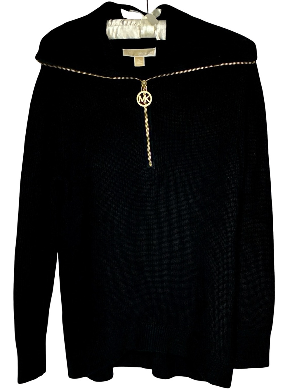 NWT Michael Kors Black Quarter Zip Knit Sweater Gold MK Logo Charm